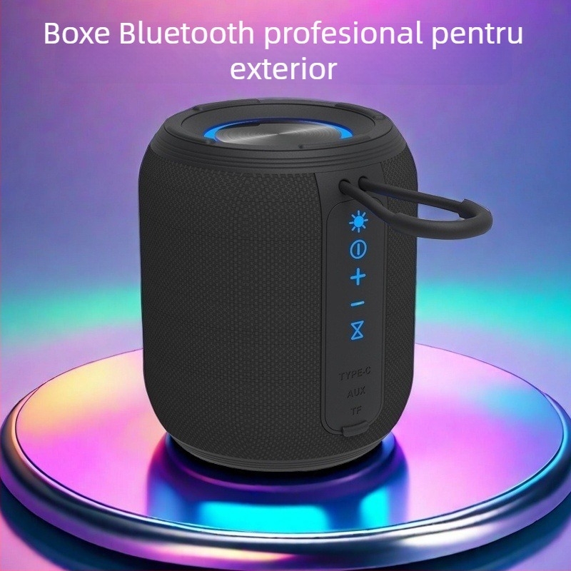 Difuzor Bluetooth fără fir cu iluminare RGB, rezistent la apă și portabil — Bluetooth 5.3; IPX4; baterie încorporată 1200–2000 mAh; putere 6W; răspuns în frecvență 100 Hz–20 kHz
