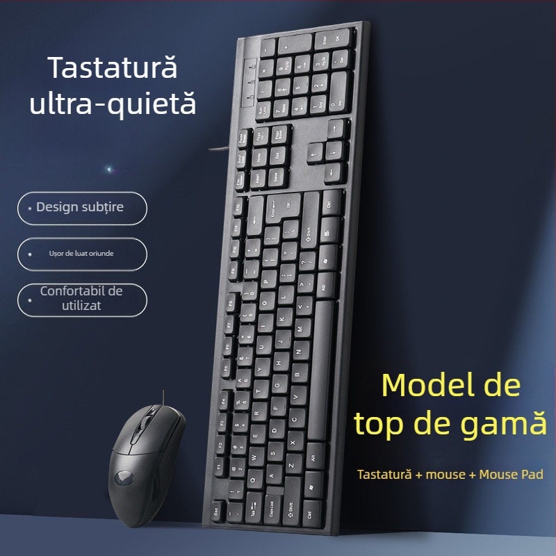 Set tastatură și mouse cu fir – tastatură mecanică, interfață USB, fără iluminare, fără suport pentru încheieturi, nu este rezistent la apă