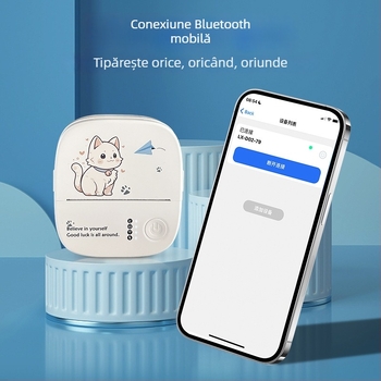 Mini imprimantă pentru autocolante cu pisică – imprimantă termică portabilă Bluetooth, lățimea de imprimare 5,7 cm, 1 rol hârtie, alimentare 3,7V, compatibilă cu iOS și Android