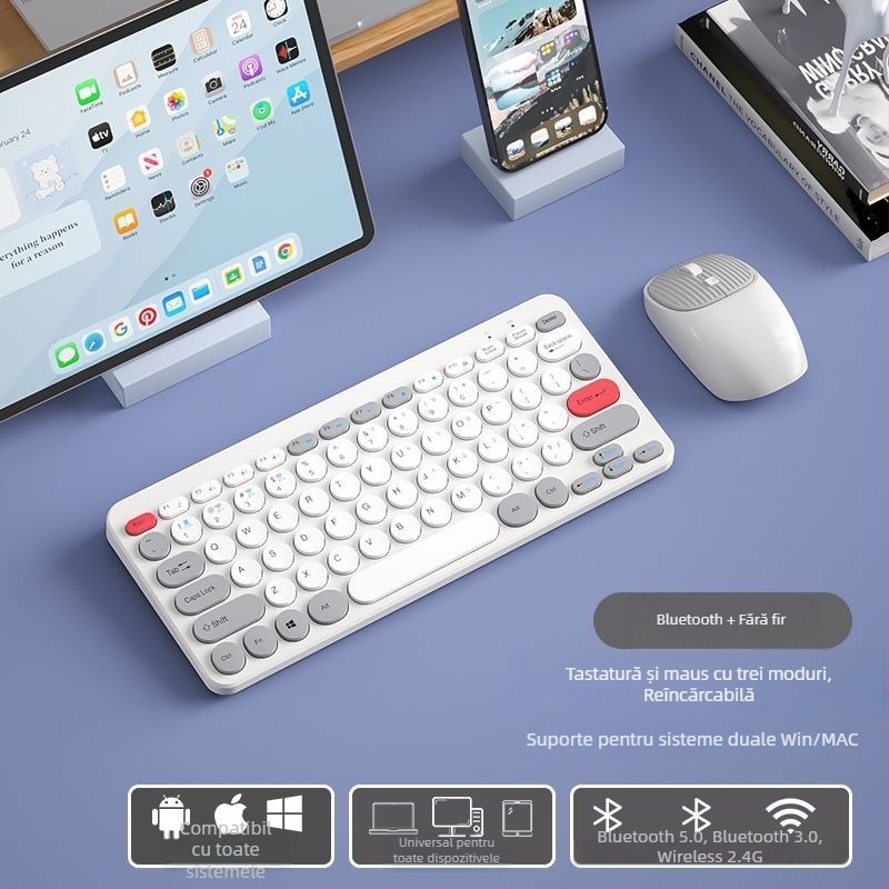 Set Bluetooth fără fir tastatură și mouse, reîncărcabil, interfețe USB pentru tastatură și mouse, senzor optic 1000 dpi, rezistent la apă