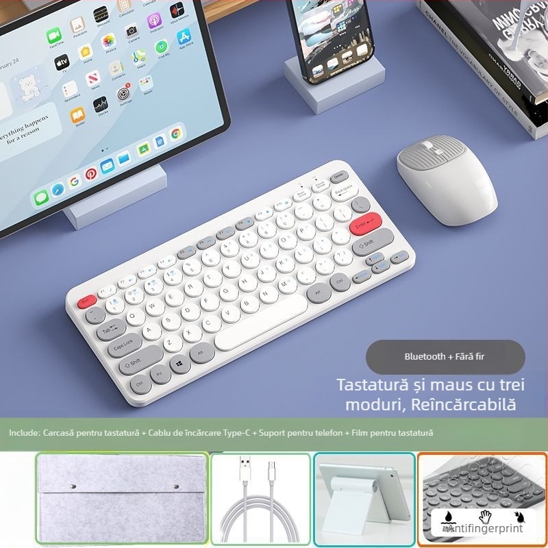 Set Bluetooth fără fir tastatură și mouse, reîncărcabil, interfețe USB pentru tastatură și mouse, senzor optic 1000 dpi, rezistent la apă