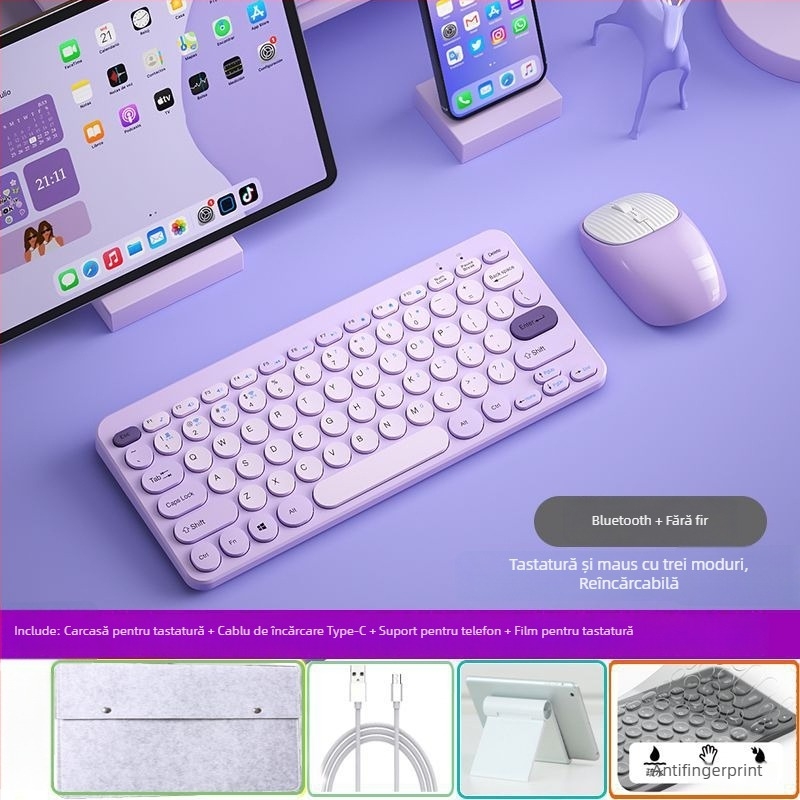 Set Bluetooth fără fir tastatură și mouse, reîncărcabil, interfețe USB pentru tastatură și mouse, senzor optic 1000 dpi, rezistent la apă