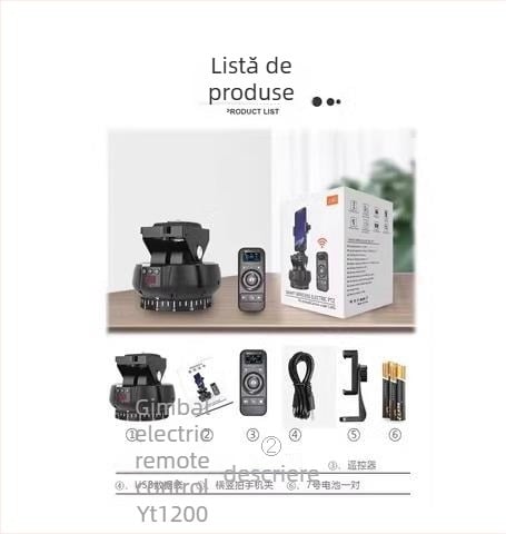 YT1200 Capă pan-tilt electrică cu două axe pentru timelapse și fotografii panoramice, rotație orizontală de 360°, înclinare verticală de 70°, viteză orizontală în 9 trepte, viteză verticală în 9 trepte, greutate 518 g