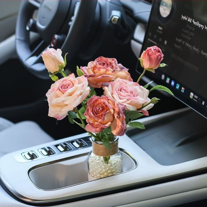 Buchet de trandafiri din mătase pentru interiorul mașinii – vază florală cu design relief, potrivit pentru nunți, decor de casă și recuzită pentru fotografii