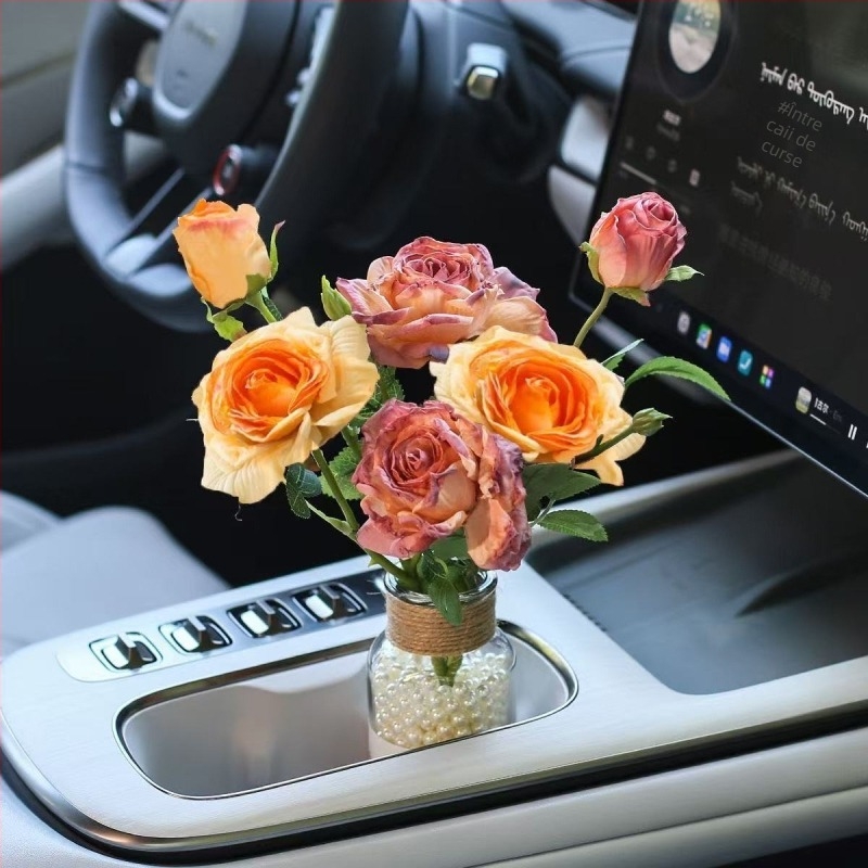 Buchet de trandafiri din mătase pentru interiorul mașinii – vază florală cu design relief, potrivit pentru nunți, decor de casă și recuzită pentru fotografii