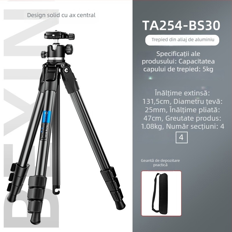 Trepied din aliaj de aluminiu, cap cu bilă, 5 secțiuni, sarcină de 5 kg, plăcuță cu eliberare rapidă, compatibil cu camere mirrorless/DSLR