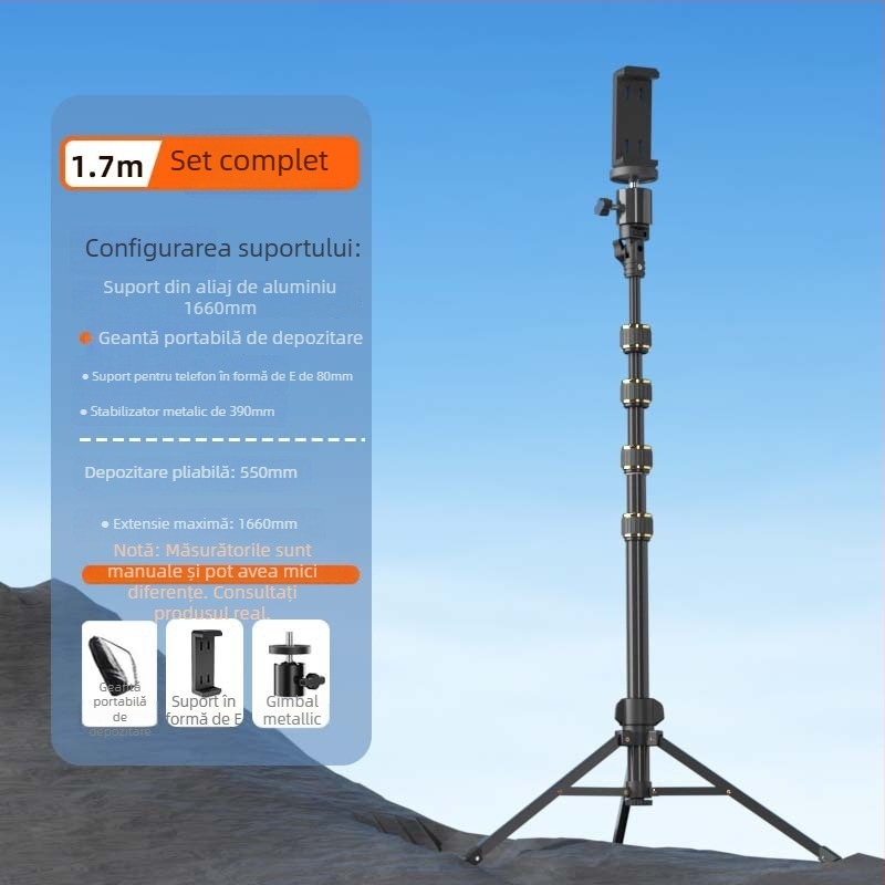 Junrun trepied pentru telefon mobil și tabletă, aliaj de aluminiu, 5 secțiuni, 3D gimbal PTZ, sarcină 2-5 kg