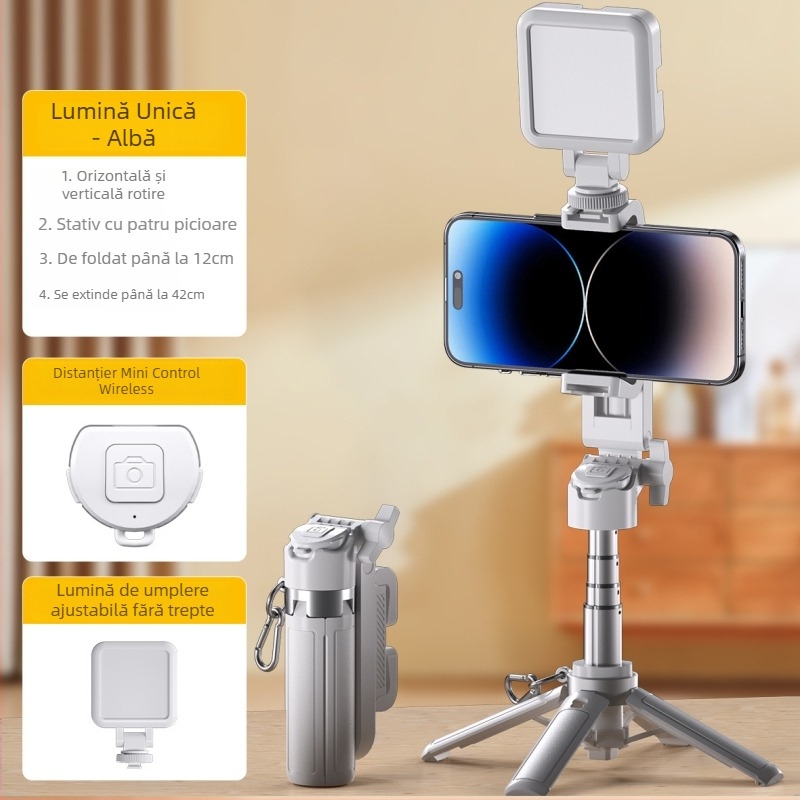 Monopod pentru selfie M1 Mini, extensibil, Bluetooth, stabilizare anti-vibrații, iluminare auxiliară, suport de masă pentru streaming