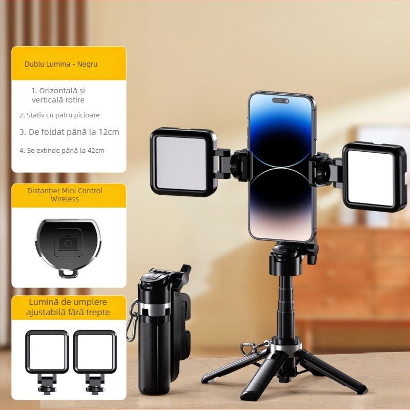 Monopod pentru selfie M1 Mini, extensibil, Bluetooth, stabilizare anti-vibrații, iluminare auxiliară, suport de masă pentru streaming