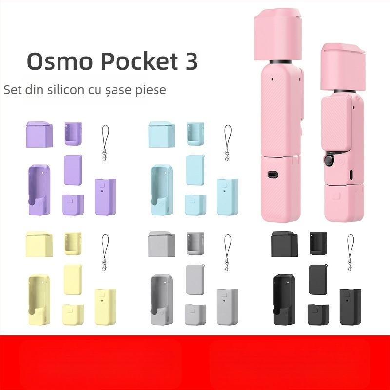 Set husă protecție din silicon pentru DJI Pocket 3 – include corp, capac obiectiv, protecție ecran, mâner filetat și mâner baterie
