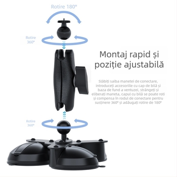 Suport pentru cameră auto cu trei ventuze pentru geamul vehiculului; materiale: ABS, PC, aliaj de aluminiu, cauciuc; compatibil cu modele generale; logo tipărit.