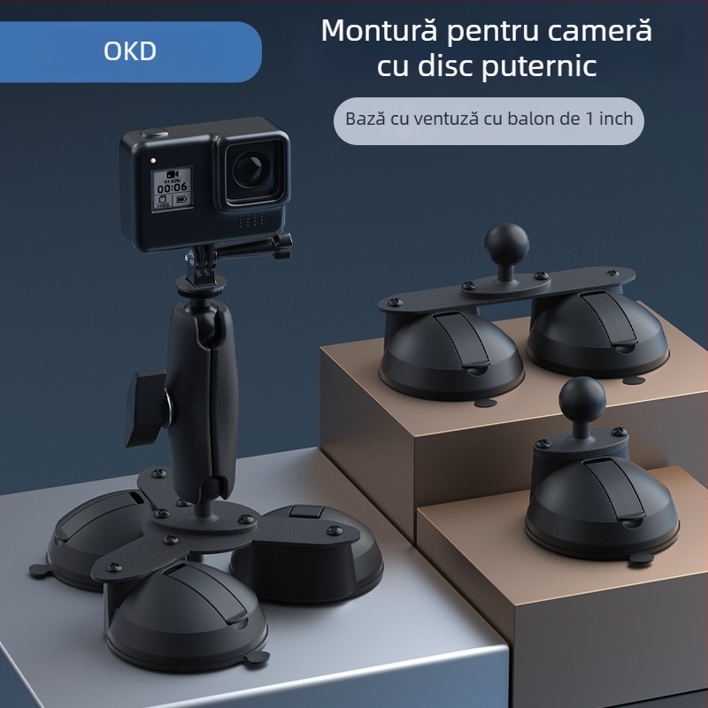 Suport pentru cameră auto cu trei ventuze pentru geamul vehiculului; materiale: ABS, PC, aliaj de aluminiu, cauciuc; compatibil cu modele generale; logo tipărit.