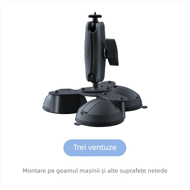 Suport pentru cameră auto cu trei ventuze pentru geamul vehiculului; materiale: ABS, PC, aliaj de aluminiu, cauciuc; compatibil cu modele generale; logo tipărit.
