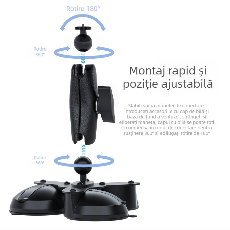 Suport pentru cameră auto cu trei ventuze pentru geamul vehiculului; materiale: ABS, PC, aliaj de aluminiu, cauciuc; compatibil cu modele generale; logo tipărit.