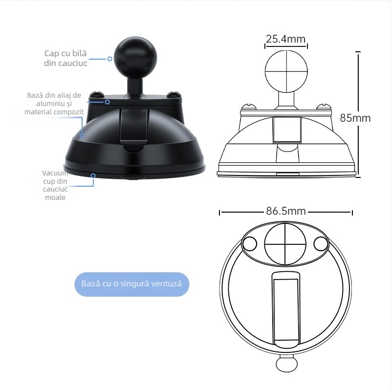 Suport pentru cameră auto cu trei ventuze pentru geamul vehiculului; materiale: ABS, PC, aliaj de aluminiu, cauciuc; compatibil cu modele generale; logo tipărit.