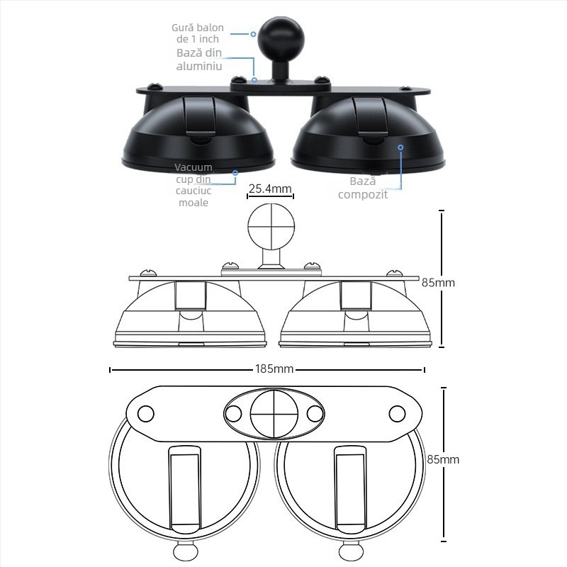 Suport pentru cameră auto cu trei ventuze pentru geamul vehiculului; materiale: ABS, PC, aliaj de aluminiu, cauciuc; compatibil cu modele generale; logo tipărit.