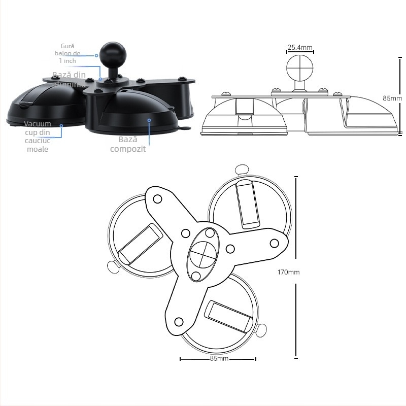 Suport pentru cameră auto cu trei ventuze pentru geamul vehiculului; materiale: ABS, PC, aliaj de aluminiu, cauciuc; compatibil cu modele generale; logo tipărit.
