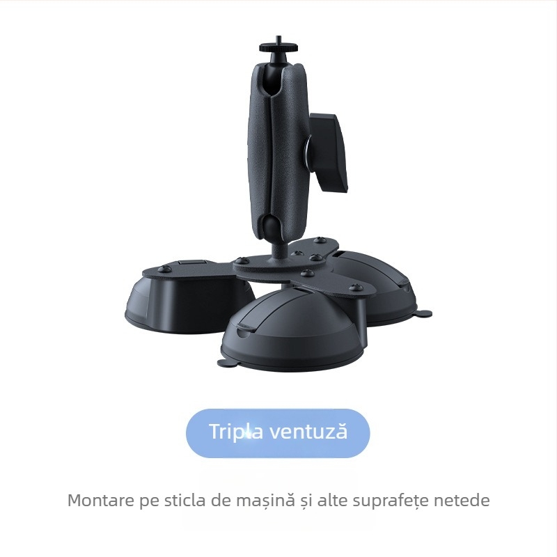 Suport pentru cameră auto cu trei ventuze pentru geamul vehiculului; materiale: ABS, PC, aliaj de aluminiu, cauciuc; compatibil cu modele generale; logo tipărit.