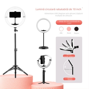 Lampa circulară portabilă pentru frumusețe, machiaj și streaming live, temperatură de culoare duală 2700–5600K, 10W, USB 5V, reglaj luminozitate, clip pentru telefon inclus