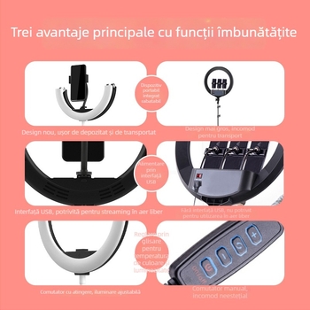 Lampa circulară portabilă pentru frumusețe, machiaj și streaming live, temperatură de culoare duală 2700–5600K, 10W, USB 5V, reglaj luminozitate, clip pentru telefon inclus