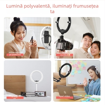 Lampa circulară portabilă pentru frumusețe, machiaj și streaming live, temperatură de culoare duală 2700–5600K, 10W, USB 5V, reglaj luminozitate, clip pentru telefon inclus