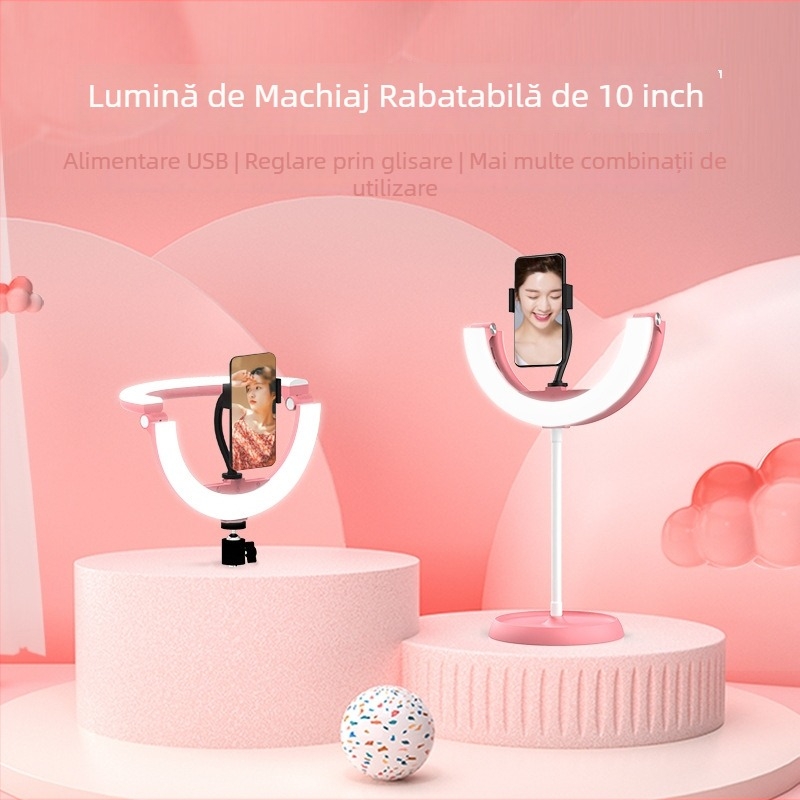 Lampa circulară portabilă pentru frumusețe, machiaj și streaming live, temperatură de culoare duală 2700–5600K, 10W, USB 5V, reglaj luminozitate, clip pentru telefon inclus