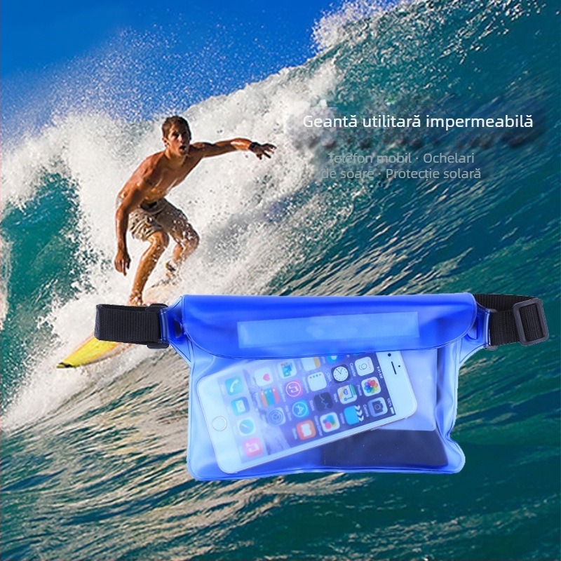 Geantă de talie impermeabilă cu închidere în trei straturi, pentru înot, plajă și surfing; husă impermeabilă pentru telefon