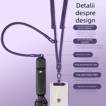 DJI Pocket 3 Lanyard — curea 3 în 1 pentru gât, crossbody, unisex; materiale: nailon, sfoară de poliester, cataramă metalică