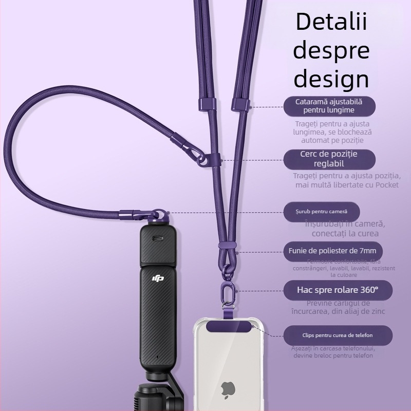 DJI Pocket 3 Lanyard — curea 3 în 1 pentru gât, crossbody, unisex; materiale: nailon, sfoară de poliester, cataramă metalică