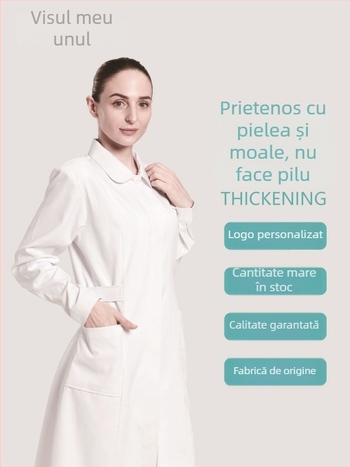 Uniformă de infirmieră spital: set din două piese cu mânecă lungă, imprimare a logo-ului și personalizare; material poliester-bumbac cu managementul umidității, guler rotund, lungime medie; pentru spitale, farmacii, clinici și saloane de înfrumusețare