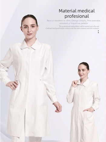 Uniformă de infirmieră spital: set din două piese cu mânecă lungă, imprimare a logo-ului și personalizare; material poliester-bumbac cu managementul umidității, guler rotund, lungime medie; pentru spitale, farmacii, clinici și saloane de înfrumusețare