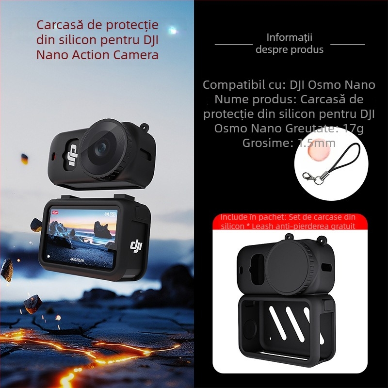 Carcasă din silicon pentru camera DJI Osmo Nano; Material: Silicon; Compatibil: DJI Osmo Nano cameră; Tipărire logo: Da; Metodă de procesare: imprimare prin transfer termic; Personalizare: Da.