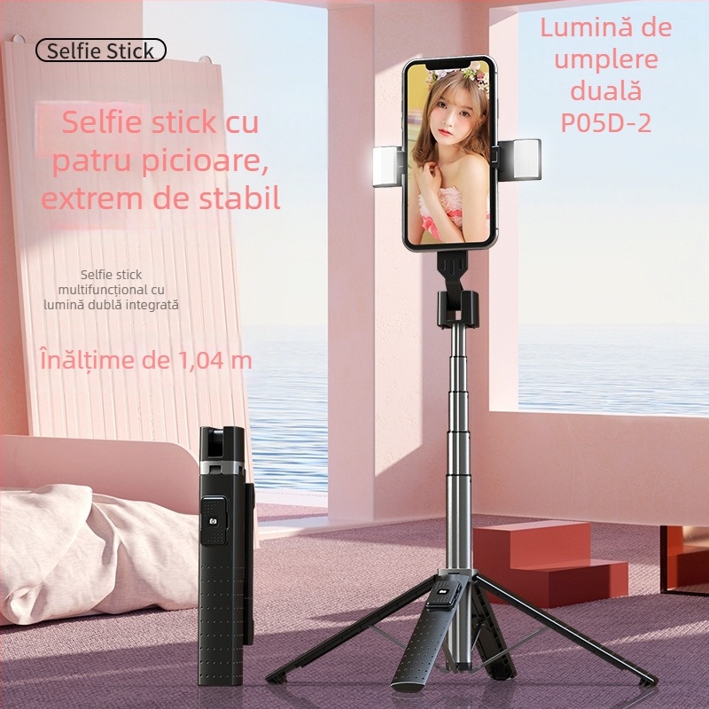 P05 Bluetooth selfie stick pentru telefon cu quadpod, aliaj ABS de aluminiu, telecomandă inclusă, iluminare de completare
