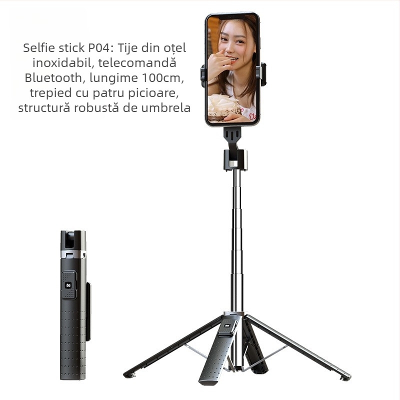 P05 Bluetooth selfie stick pentru telefon cu quadpod, aliaj ABS de aluminiu, telecomandă inclusă, iluminare de completare