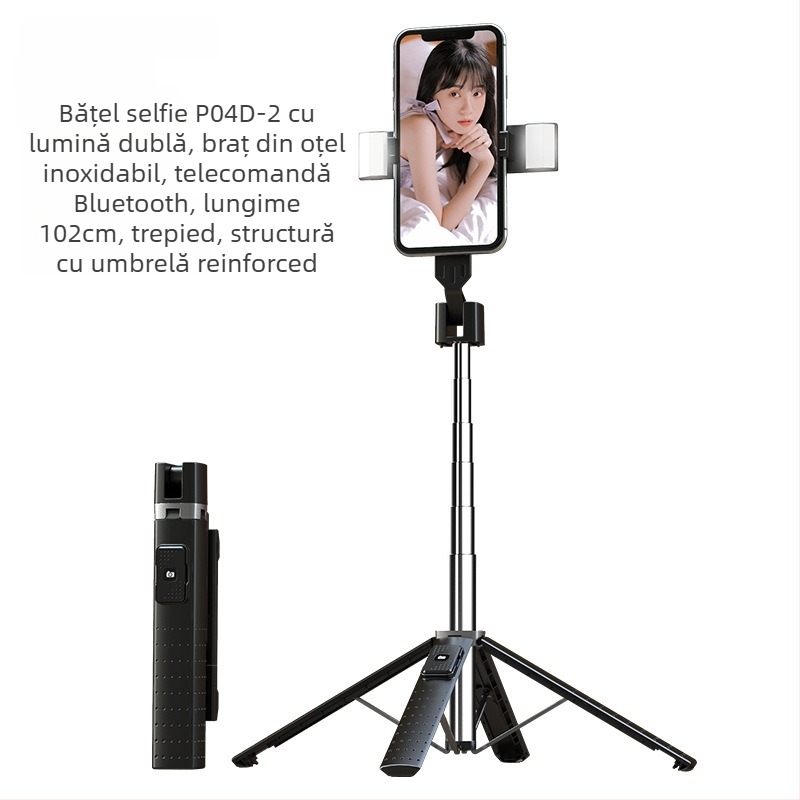 P05 Bluetooth selfie stick pentru telefon cu quadpod, aliaj ABS de aluminiu, telecomandă inclusă, iluminare de completare