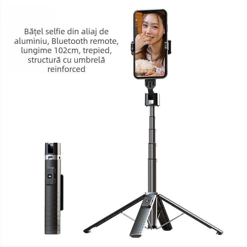 P05 Bluetooth selfie stick pentru telefon cu quadpod, aliaj ABS de aluminiu, telecomandă inclusă, iluminare de completare