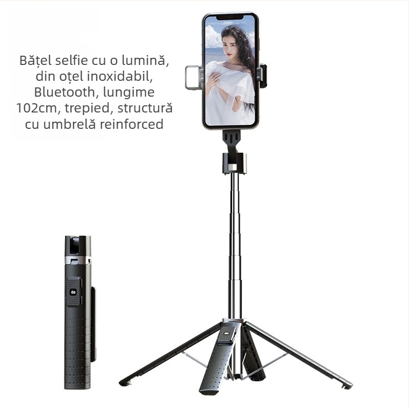 P05 Bluetooth selfie stick pentru telefon cu quadpod, aliaj ABS de aluminiu, telecomandă inclusă, iluminare de completare