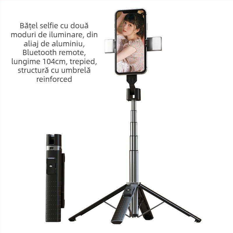 P05 Bluetooth selfie stick pentru telefon cu quadpod, aliaj ABS de aluminiu, telecomandă inclusă, iluminare de completare