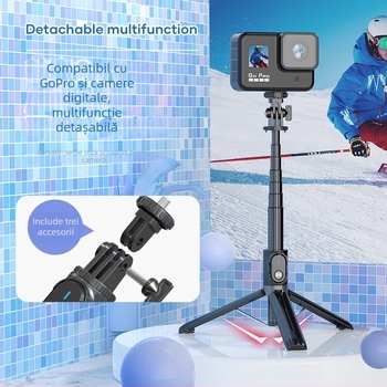 P90C selfie stick din aluminiu, Bluetooth, compatibil cu GoPro și suport pentru telefon, Live Photo
