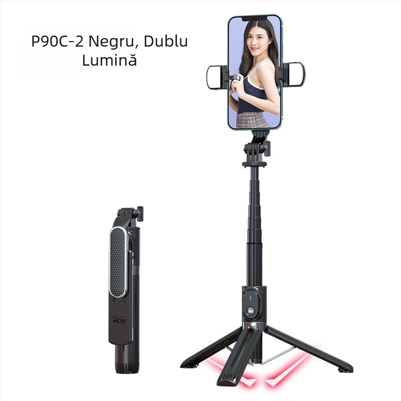 P90C selfie stick din aluminiu, Bluetooth, compatibil cu GoPro și suport pentru telefon, Live Photo