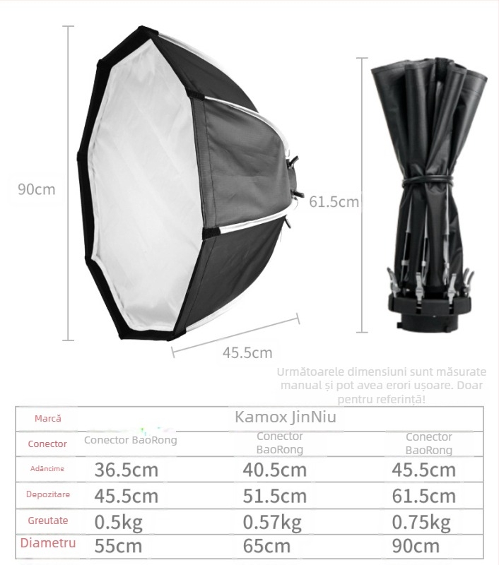 Kamox set foto, octagonal soft light box cu LED 55/65/90 cm, structură metalică