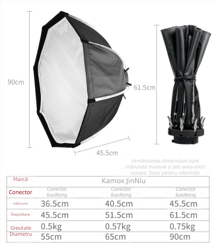 Kamox set foto, octagonal soft light box cu LED 55/65/90 cm, structură metalică