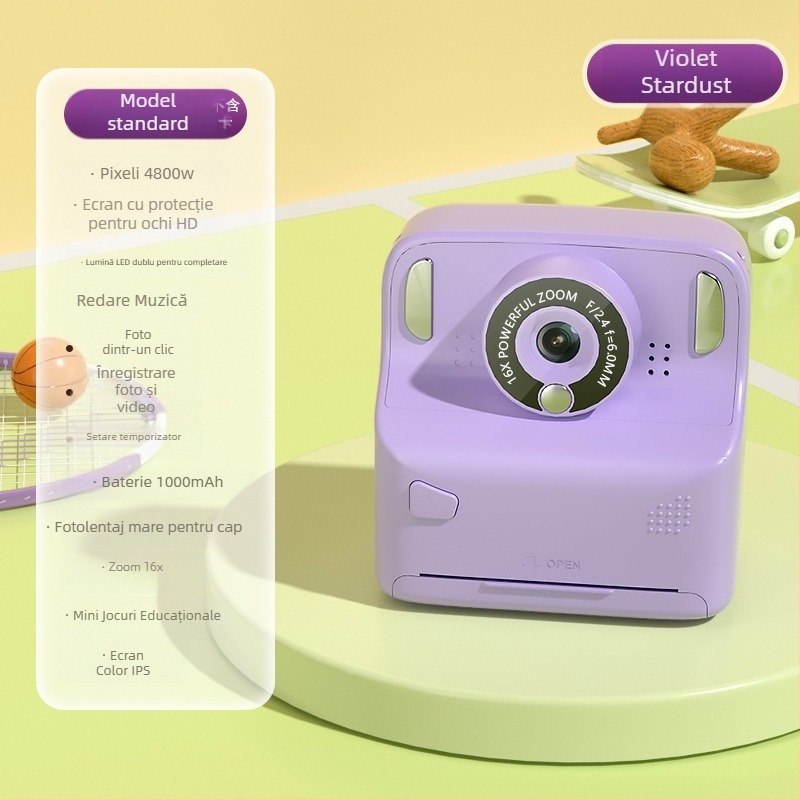 Cameră digitală cu imprimare instantanee, model X6D, ecran LCD 2,4 inchi, stocare TF Card, rezoluție 4800 pixeli, baterie 1000 mAh