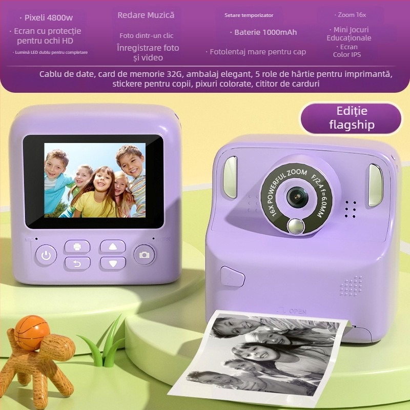 Cameră digitală cu imprimare instantanee, model X6D, ecran LCD 2,4 inchi, stocare TF Card, rezoluție 4800 pixeli, baterie 1000 mAh