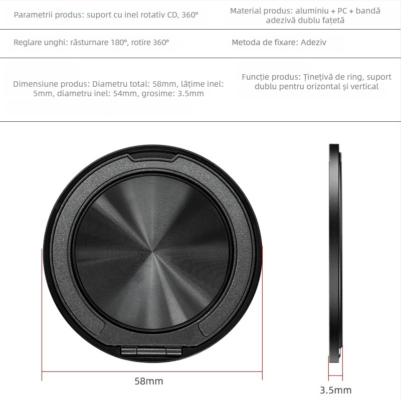 Suport pentru telefon cu rotire de 360° din aliaj de aluminiu, ultra-subțire, pliabil, pentru birou și montaj magnetic pentru mașină