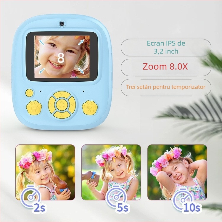 Aparat instant mini pentru copii, model P5, fotografii și imprimare, ecran LCD 2,4 inch, stocare TF card, 4800–9600 pixeli, lansat în 2024