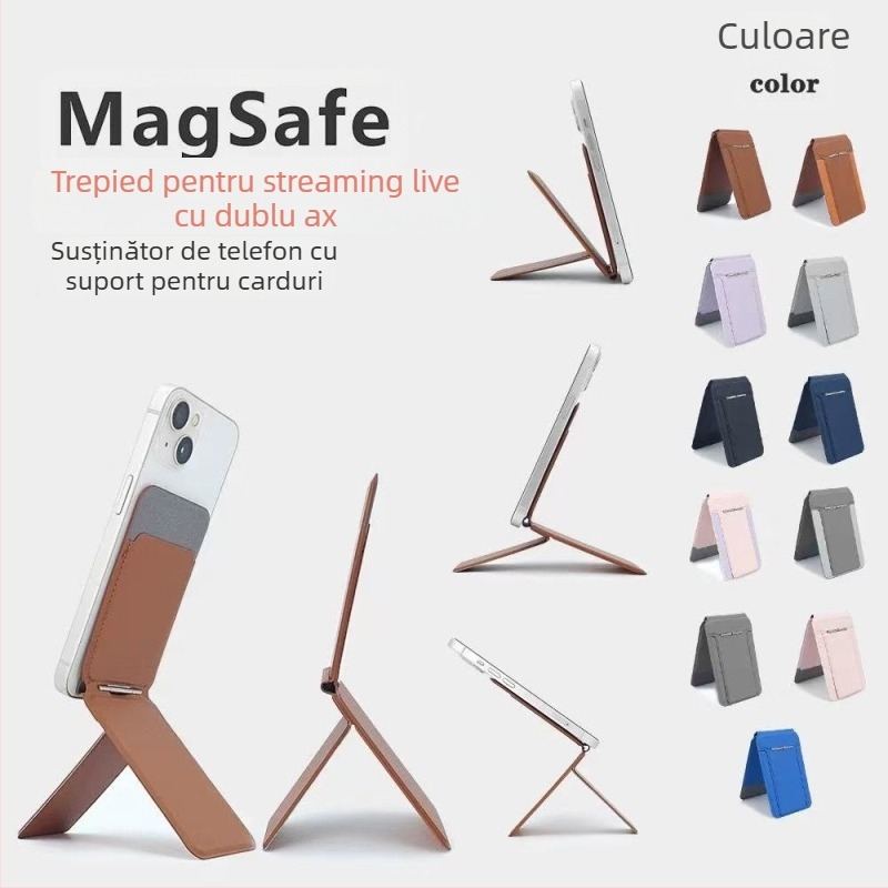 Suport pentru transmisii live MagSafe, cu loc pentru carduri, balama, piele PU, husă de telefon cu acoperire totală și pliere