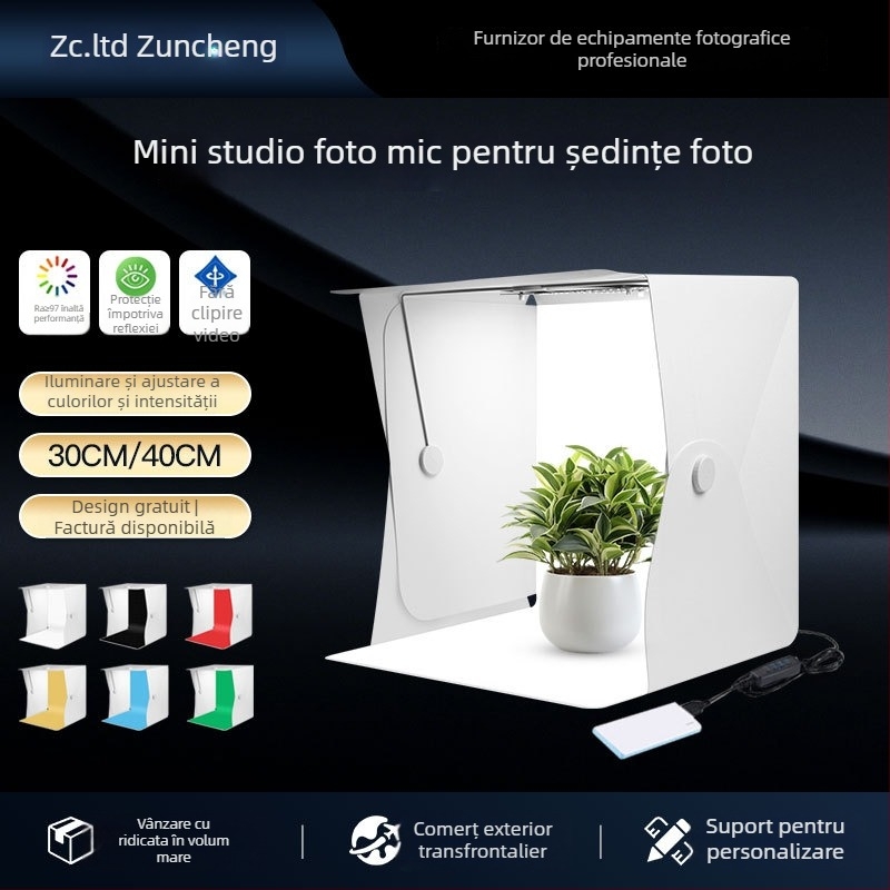 Mini studio foto cu folie PP ecologică și LED, model Zc-dysy-04, 40×40×40 cm, 730 g