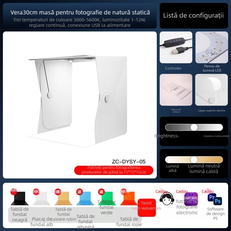 Mini studio foto cu folie PP ecologică și LED, model Zc-dysy-04, 40×40×40 cm, 730 g