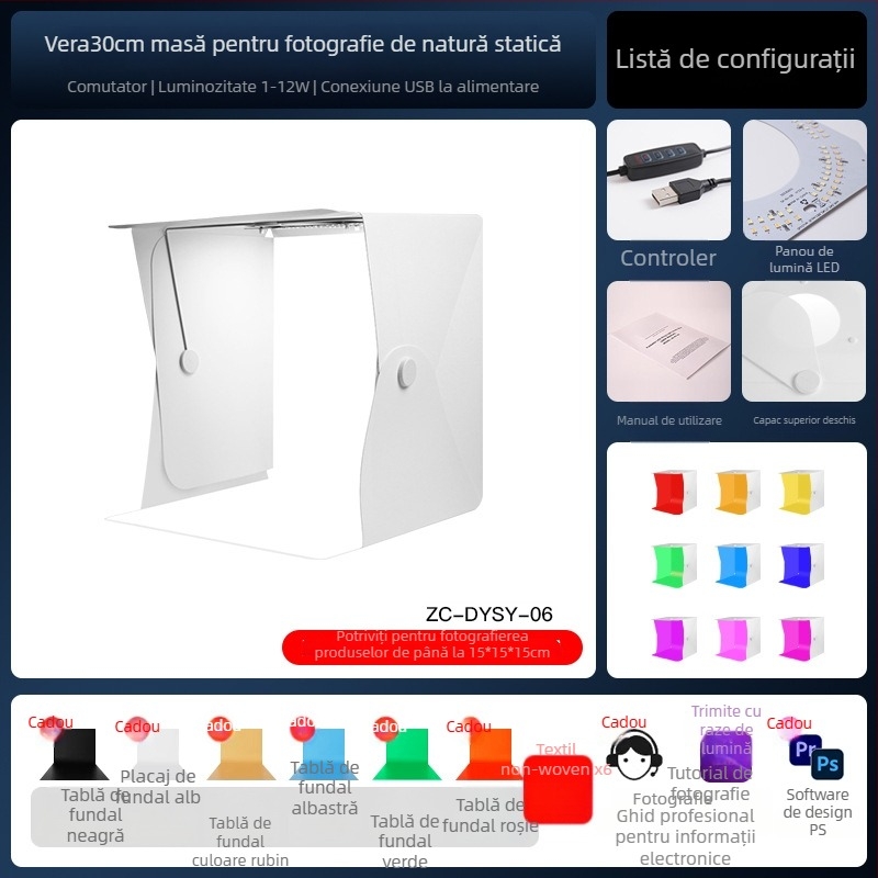Mini studio foto cu folie PP ecologică și LED, model Zc-dysy-04, 40×40×40 cm, 730 g
